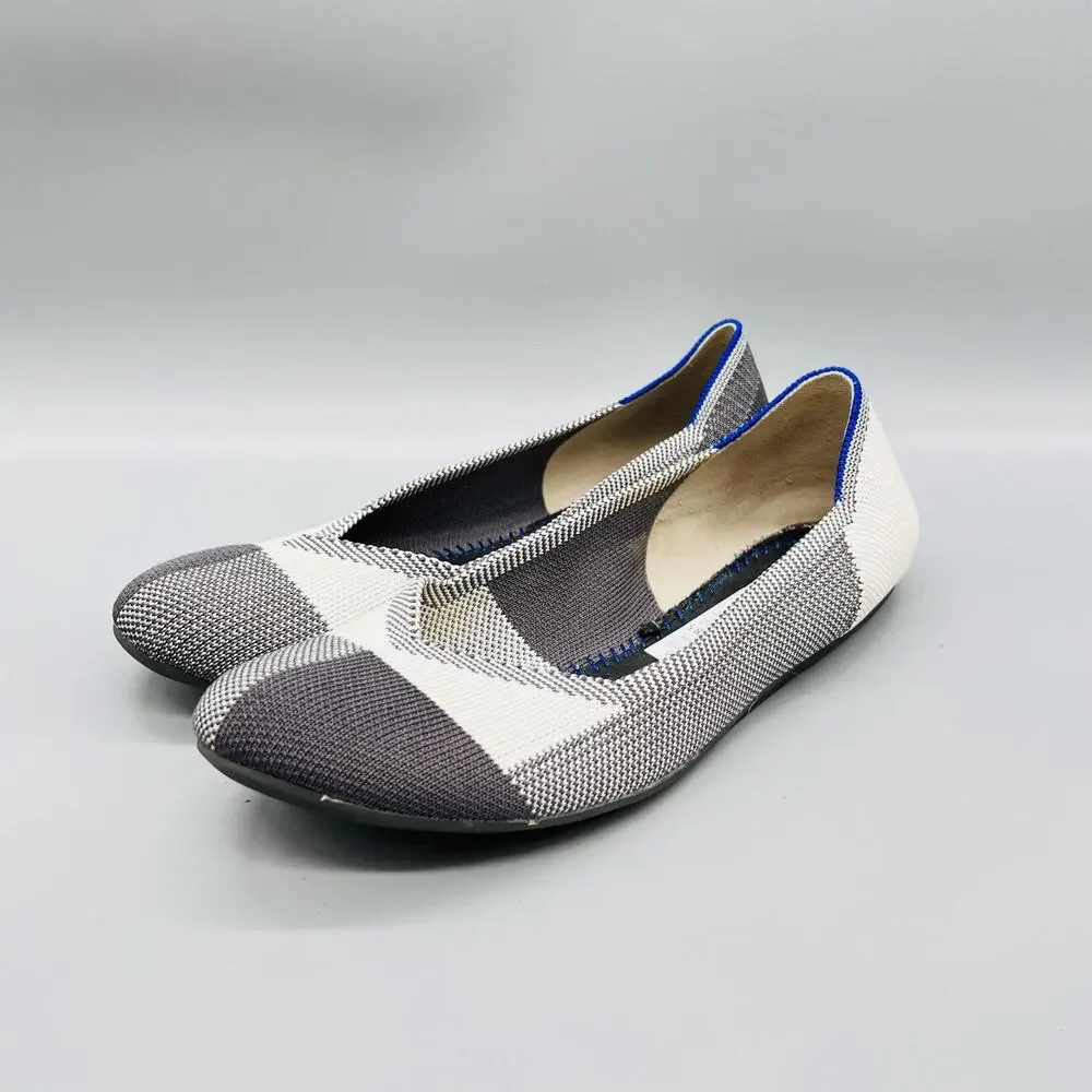 Rothy's Shoes Womens 8.5 Gray White Knit The Flat Ballet Flats Slip On Comfort